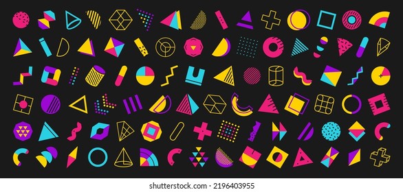 Set of 90 geometric shapes in 80s style. Collection colour elements in memphis design