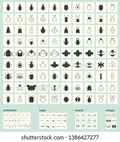 Set of 90 geometrical bugs (shapes) in vector, separate legs, separate head, separate antennae, separate wings