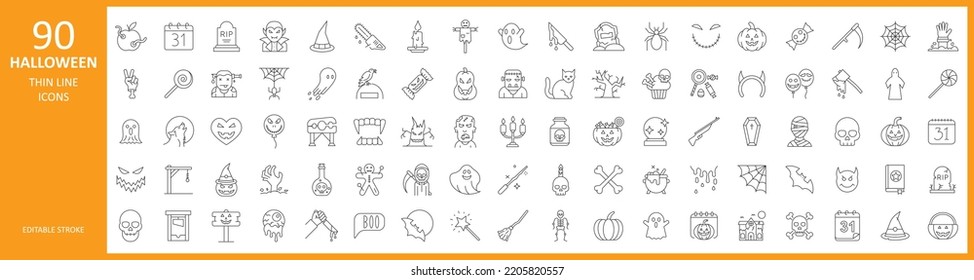 set of 90 halloween icons. outline thin line icons. Collection of perfectly thin icons for web design, app, poster, flyer and modern projects