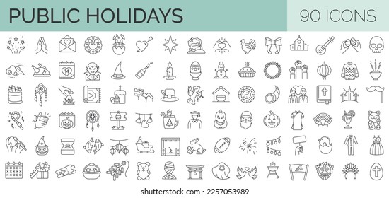 Set of 90 line icons related to Festivals and Holidays including Christmas, New Year, Chinese New year, Easter, Thanksgiving day, Halloween, Valentine's day, etc. Editable stroke. Vector illustration