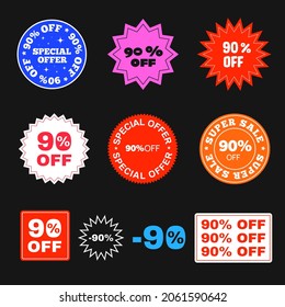 Set of 90% Off Sticker, Patch, Pin Icons Vector Design. Special Offer Badge Elements. Cool Trendy Promo Sale Price Tag. Discount promotion.