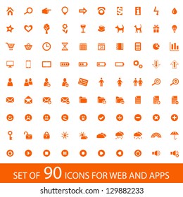 Set of 90 orange icons for web and mobile devices