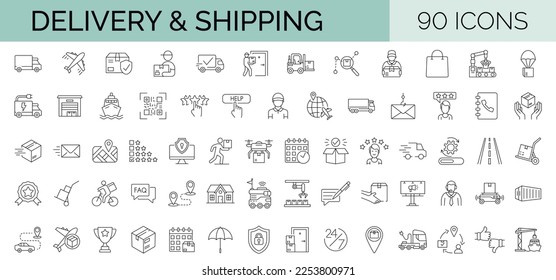 Set of 90 thin line vector icons. Delivery and Logisticks. The set contains icons: E-commerce, Online Shopping, Delivering, Freight Transportation, Shipping, 