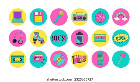 Set of 90s 00s retro device icons in modern pop style. Vintage audio player, cassette, old pc, floppy disk, mobile phone, headphones vector illustration. Nostalgia for 1990s 