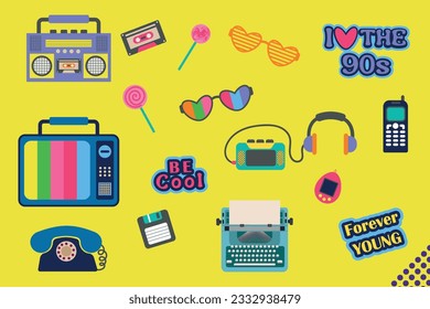 Set of 90s 00s retro devices in modern memphis style. Vintage audio player, cassette, mobile telephone, vector illustration. Nostalgia for 1990s.