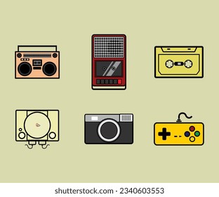 Set of 90s 00s retro devices in modern memphis style. Vintage audio player, camera, cassette, boombox, console video game. Nostalgia for 1990s.