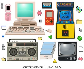 Set of 90s 00s retro devices. Vintage TV, computer, arcade game console, telephone, games. Nostalgia for 1990s. 