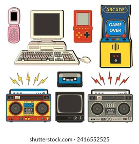 Set of 90s 00s retro devices. Vintage TV, computer, arcade game console, telephone, games. Nostalgia for 1990s. 