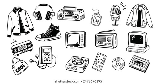 Set of 90s 00s retro devices in modern memphis style. Vintage audio player, cassette, old pc, floppy disk, mobile telephone, skate, game console vector illustration. Nostalgia for 1990s.