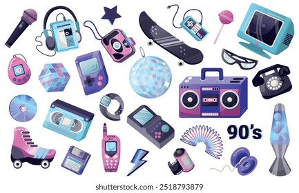 Conjunto de dispositivos retro 90s 00s. Reproductor de audio de Antiguas, casete, PC vieja, disquete, teléfono móvil, patín, consola de juegos. Iconos del vector en colores de neón sobre un fondo blanco. Nostalgia por los años 90.