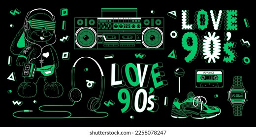 Set of 90s, 2000s elements in black and green retro design. Vector stickers, pins, patch collection