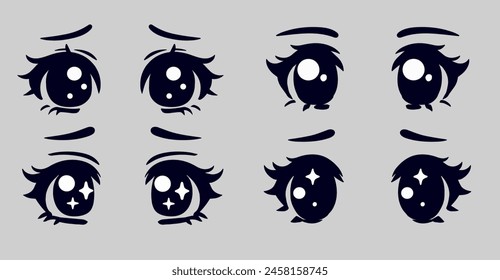 Set of 90's black and white retro anime style eyes on a grey background.