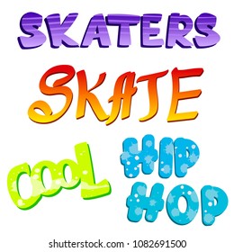 Set of 90s colored stickers. Funny lettering. Youth style text. Skateboarding typography. Vector illustration