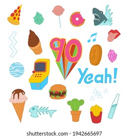 Un conjunto de dibujos artísticos de doodles de los años 90, dibujados a mano, pegatinas, simples