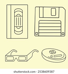 A set of 90s elements consisting of a VHS video taper, floppy disk, 3d glasses and a walkman.