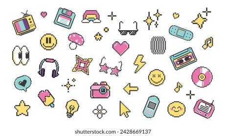 set of 90s elements in pixel art, vector illustration