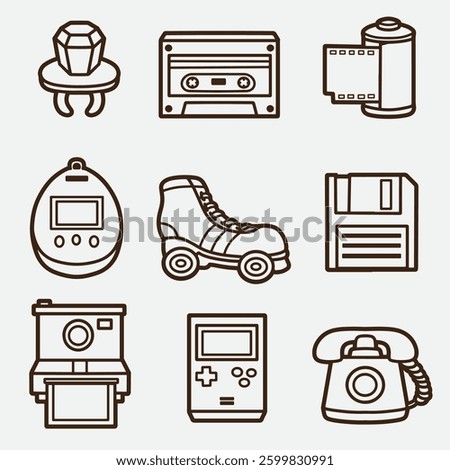set of 90's with outline style good for coloring page, coloring book, element design, icon,symbol etc