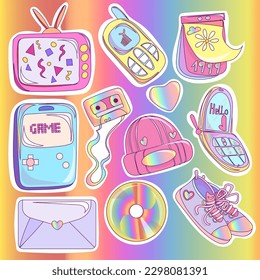  Set 90's in Pop Art Style. Vector Illustration Music Player, Audio Cassette, CD Disk, Boombox for Stickers, Logos, Prints, Patches and Social Media