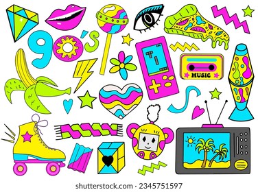 Set of 90s retro devices in modern acid psychedelic style. Nostalgia for 1990s. cassette, game console, roller skates, electronics. Vector illustration.