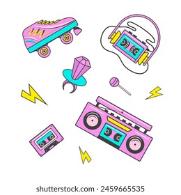 Set of 90s retro devices vector illustration. Vintage audio player, cassette, boombox, retro skates, candy icons. 