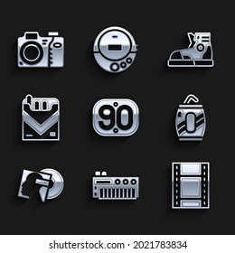 Set 90s Retro, Music synthesizer, Play Video, Soda can with straw, Vinyl disk, Cigarettes pack box, Sport sneakers and Photo camera icon. Vector