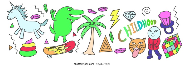 Set of 90's sticker, doodles, cute cartoon 