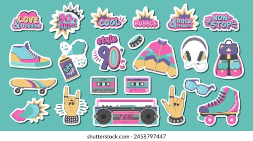 Set of 90's stickers in flat design. Collection of illustrations of 90's elements in cartoon style
