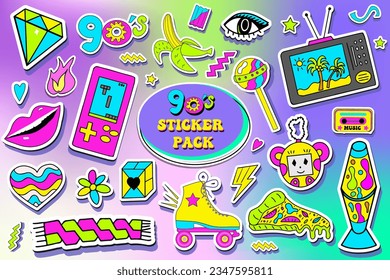 Set of 90s stickers retro devices in modern acid psychedelic style. Nostalgia for 1990s. cassette, game console, roller skates, electronics. Vector illustration