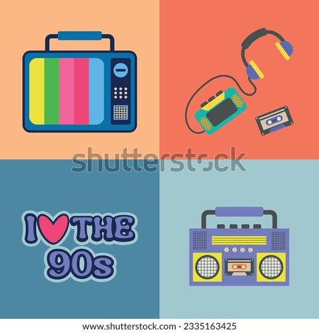 Set of 90s stuff, retro tv, audio cassette, sticker i love 90s, flat vector illustration.
