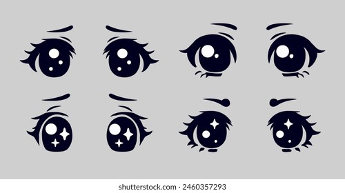 Conjunto de ojos de anime retro en blanco y negro estilo de los años 90 sobre un fondo gris.