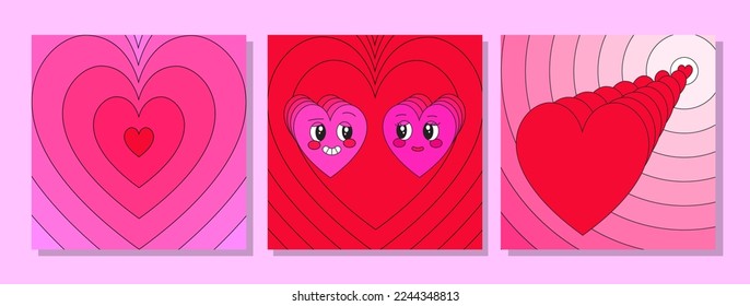 Set of 90s style retro Happy Valentine's day banners for social media, greeting cards. 2000s vibe. Vintage  groovy beating hearts, patterns