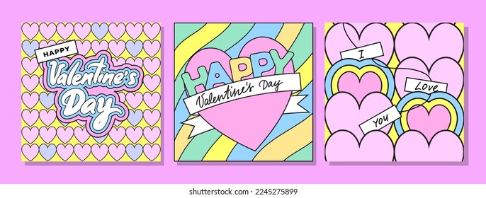 Set of 90s style retro Happy Valentine's day banners for social media. 2000s vibe. Vintage  groovy hearts, lettering, patterns