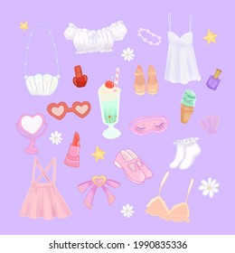 Set of 90s summer girl elements. Accessories, fashion, food and cosmetics. Vector EPS 10