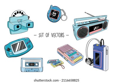 Set of 90s Vintage Games and Gadgets. Retro game console, cassette, player, and other electronics. A set of hipster gadgets.