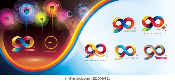 Set of 90th Anniversary Colorful logotype design, Ninety years celebration Logo. Abstract Twist Infinity multiple line Colorful for event, invitation, 90,90th, ninety year Twisted Infinity logo number