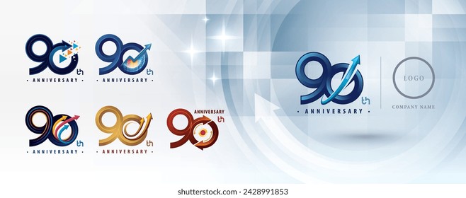 Set of 90th Anniversary logo design, Ninety years Anniversary Logo multiple line for celebration event, Abstract Logo 90 Circle Arrow, Graph Growth to Success Concept, Upward Curved Arrow Right to Top