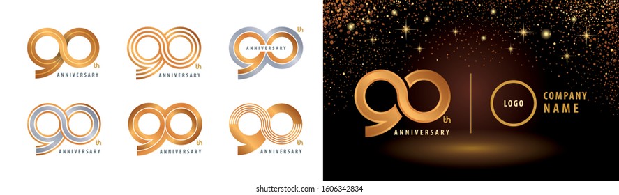 Juego de diseño de logotipo del 90º aniversario, plata del logotipo del aniversario de la celebración de noventa años y oro para la celebración, invitación, saludo, ilustración vectorial del logotipo Infinity, plantilla web, volante