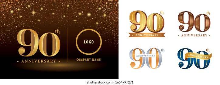 Set of 90th Anniversary logotype design, Ninety years Celebrating Anniversary Logo silver and golden, Vintage and Retro Serif Number Letters, Elegant Classic Logo for Congratulation celebration event.