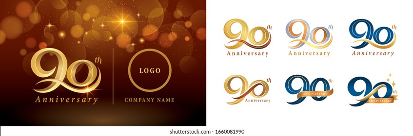 Set of 90th Anniversary logotype design, Ninety years Celebrate Anniversary Logo silver and golden, Vintage and Retro Script Number Letters, Elegant Classic Logo for Congratulation celebration event