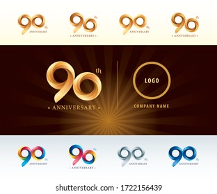 Set of 90th Anniversary logotype design, Ninety years celebration Anniversary Logo silver and golden, Origami stylized Number Letters, Twist Ribbons Logo for event, invitation, Party, Fashion. Funny