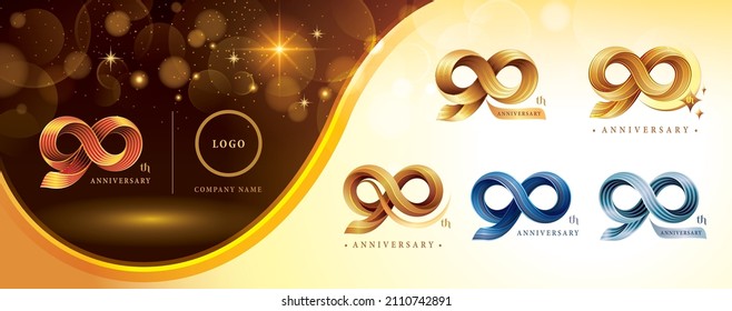 Set of 90th Anniversary logotype design, Ninety years anniversary celebration Logo. Twist Infinity multiple line golden for celebration event, invitation, greeting, 90 year Infinity loop logo