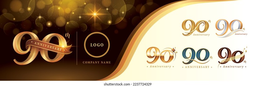 Set of 90th Anniversary logotype design, Ninety years anniversary celebration Logo, Golden Luxury and Retro Serif Number 90 Letters, Elegant Classic Logo for Congratulation celebration event, greeting