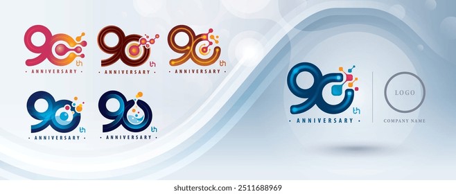 Set of 90th Anniversary logotype design, Ninety years Celebrate  Logo for celebration, Abstract Molecule structure Connected. Chemistry Science Lab and Bio technology, Atom molecular particle, Logo 90