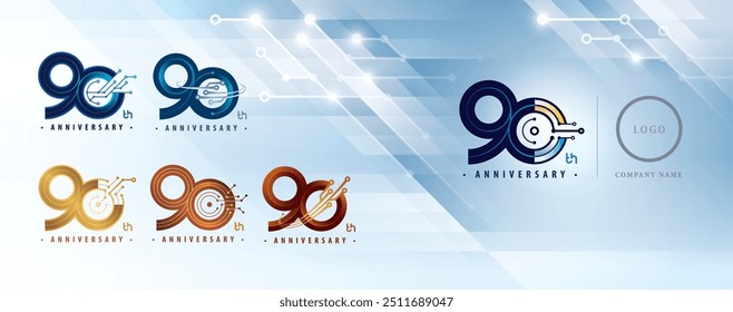Set of 90th Anniversary logotype design, Ninety years Celebrate Anniversary Logo for celebration, Abstract Connected lines and dot Circuit Board, Global network connection, Digital technology, Logo 90