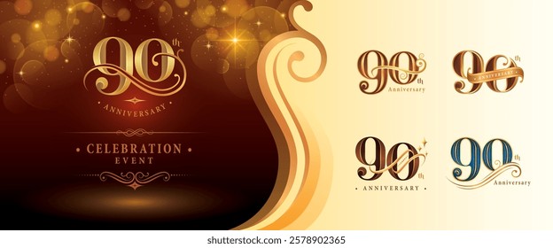 Set of 90th Anniversary logotype design, Ninety years Anniversary Logo, Elegant Classic Logo, Luxury Vintage and retro Serif Number 90, Celebrating Anniversary Logo, Congratulation celebration event