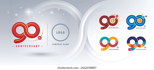 Set 90th Anniversary logotype design, Ninety years Celebrate Logo. Abstract Infinity Rounded number 90, Colorful loop logo geometric polygon, connect, atom molecule, bubble, machine, celebration event