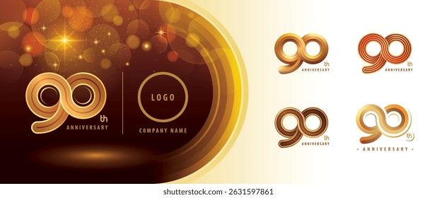 Conjunto do logotipo do 90o aniversário, noventa anos celebrando logo. Abstract Infinity Round número 90, Logotipo de loop Infinity, Ouro Infinity múltiplas Linhas arredondadas para evento de celebração, convite, saudação