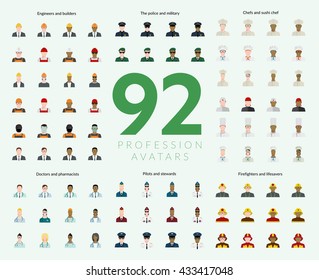 Set of 92 flat profession avatars. Engineers and builders, firefighters and lifesavers, police and military, pilots and stewards, chefs and sushi chef, doctors and pharmacists. Vector illustration