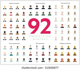 Set of 92 flat profession avatars. Engineers and builders, firefighters and lifesavers, police and military, pilots and stewards, chefs and sushi chef, doctors and pharmacists. Vector illustration.