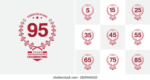 set 95, 15, 25, 35, 45, 55, 65, 75, 85 year anniversary logotype with red color on white background for celebration event